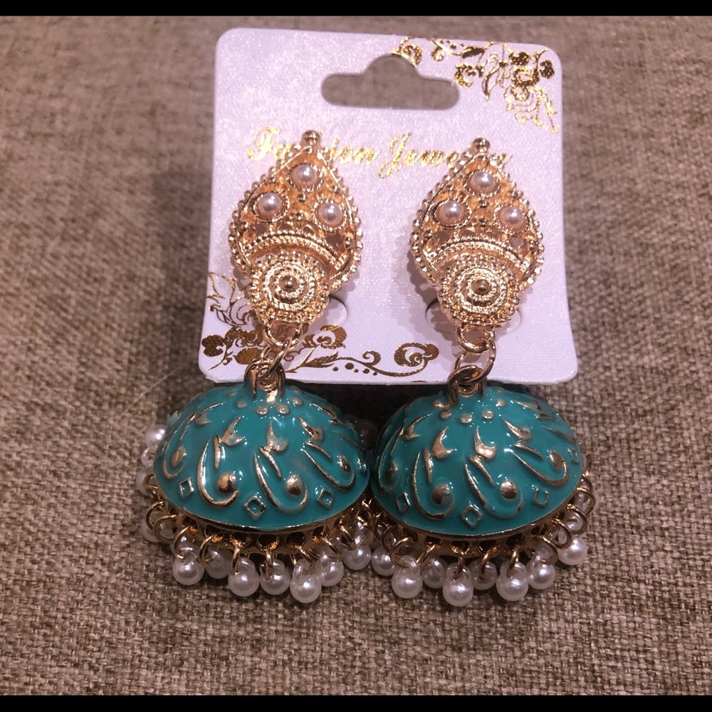 Women’s India Traditional Celebratory Earrings In Goldtone And Blue